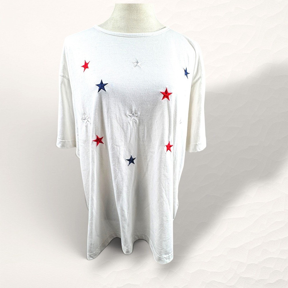 Bobbie Brooks Star Embroidered T-Shirt‎ Women 22W/24W White Americana Patriotic